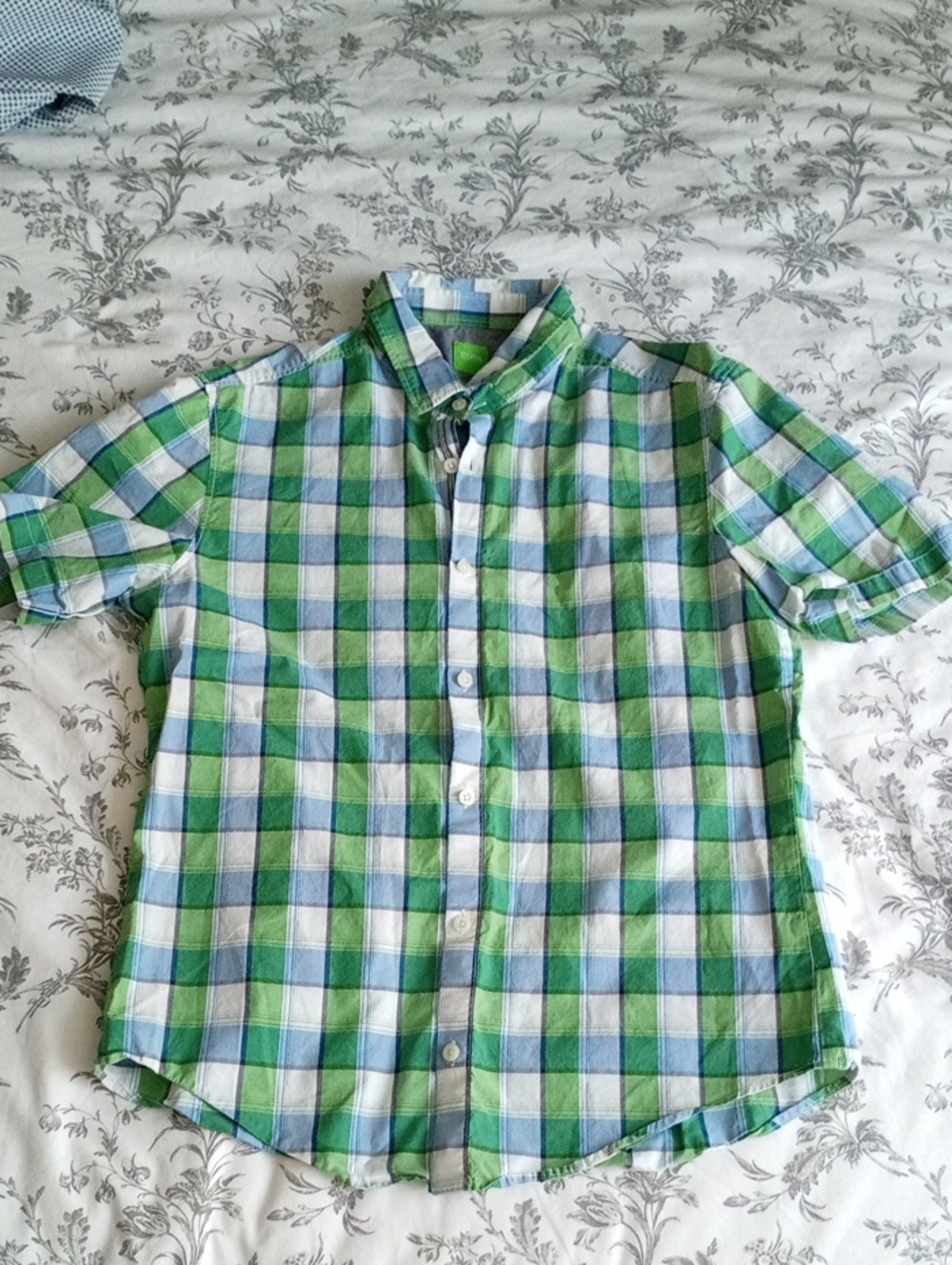 Boss Green and Blue Plaid Short-Sleeve Button-Down Shirt